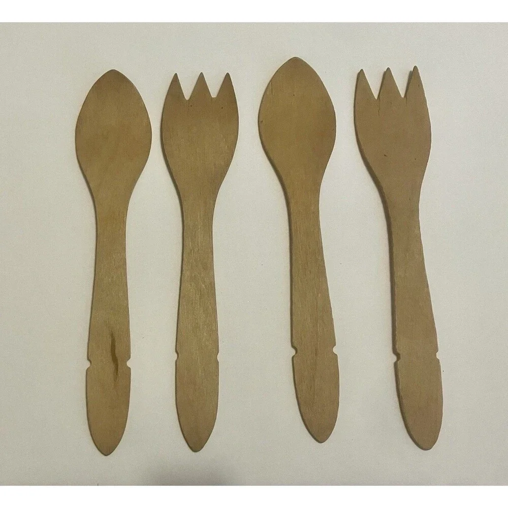 4 VINTAGE ANTIQUE WOODEN FORK & SPOON ICE CREAM 5.5